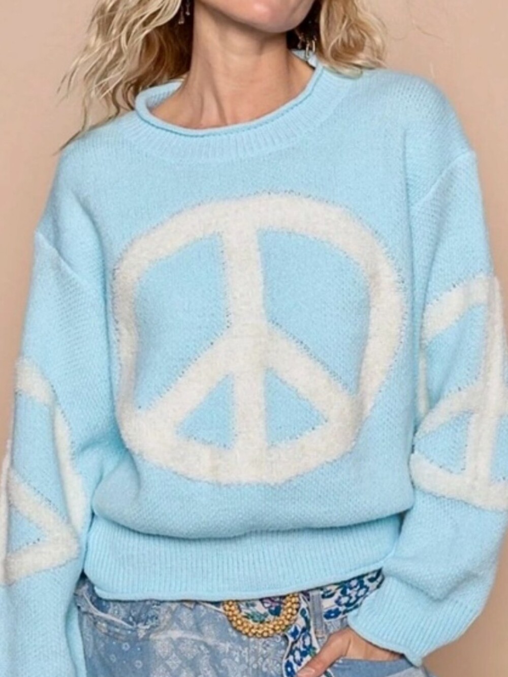 POL,Light Blue Peace Sign Crewneck Sweater